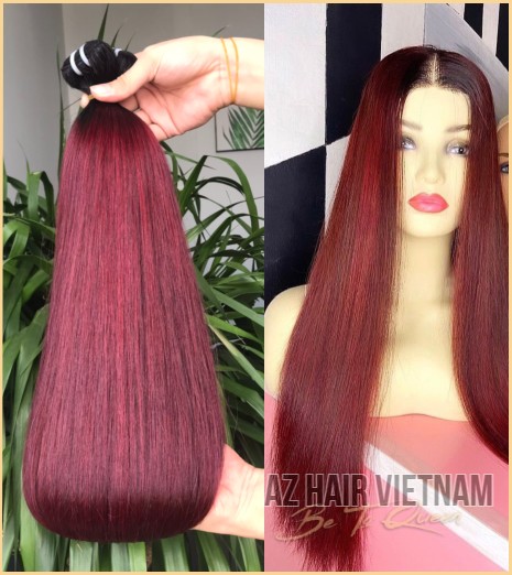 Weave Bone Straight Hair Vietnamese Quality Super Double Drawn Quality  Ombre Wine Color - AZ Hair